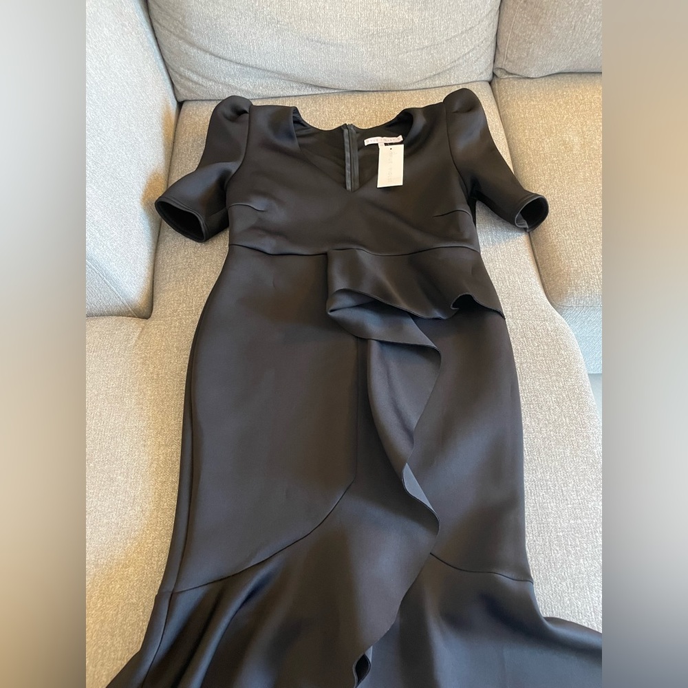 Black, True Violet from Asos, puff shoulder plunge ruffle midi dress